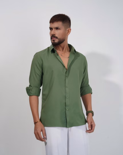 Men wearing imported olive green slim fit formal shirt by Megamart