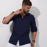Men wearing navy blue imported slim fit formal shirt by Megamart