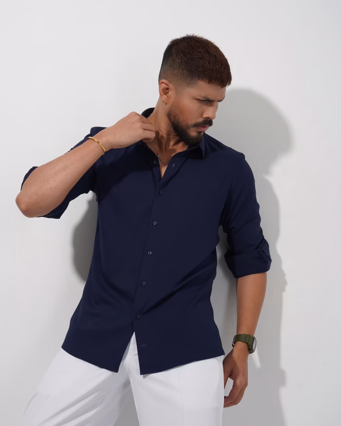 Men wearing navy blue imported slim fit formal shirt by Megamart