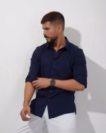 Men wearing navy blue imported slim fit formal shirt by Megamart