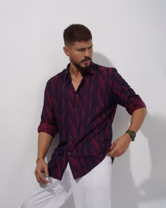 Men wearing maroon printed slim fit casual cotton shirt by Megamart