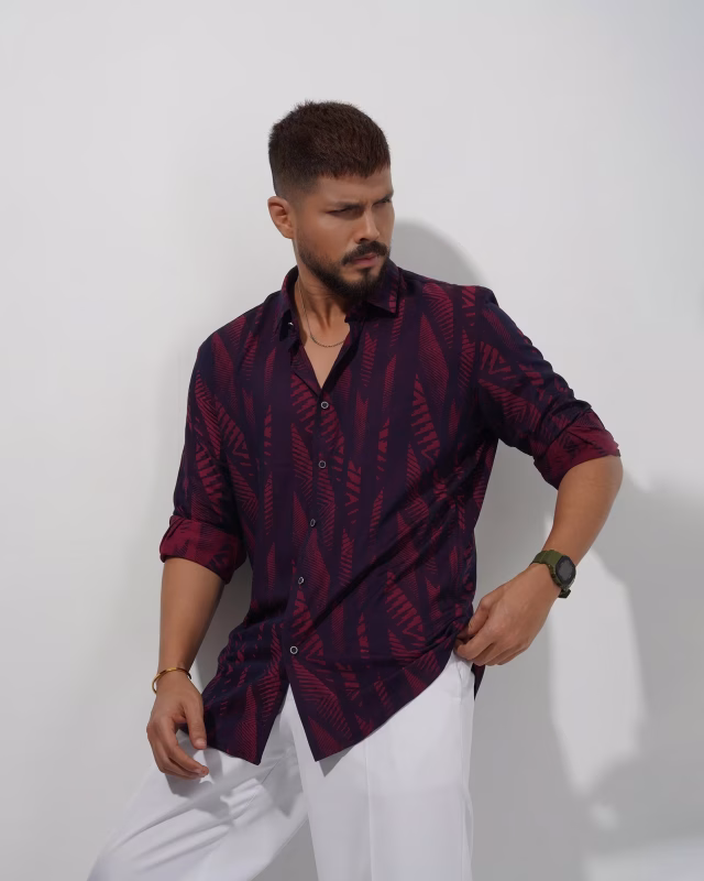 Men wearing maroon printed slim fit casual cotton shirt by Megamart
