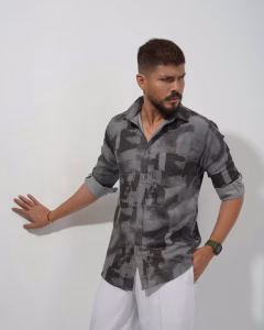 Men wearing grey printed slim fit casual cotton shirt by Megamart