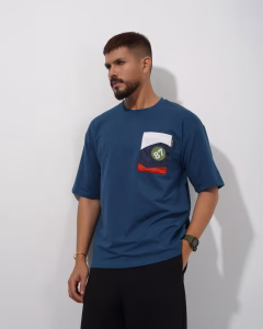 Men wearing navy blue oversized drop shoulder T-shirt by Megamart