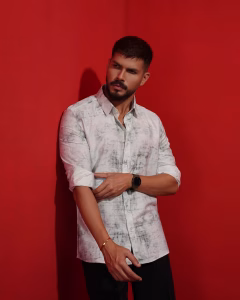 Men wearing white printed slim fit casual cotton shirt by MegamartMen wearing white printed slim fit casual cotton shirt by Megamart