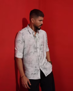 Men wearing white printed slim fit casual cotton shirt by MegamartMen wearing white printed slim fit casual cotton shirt by Megamart