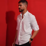Men wearing white striped slim fit casual cotton shirt by Megamart